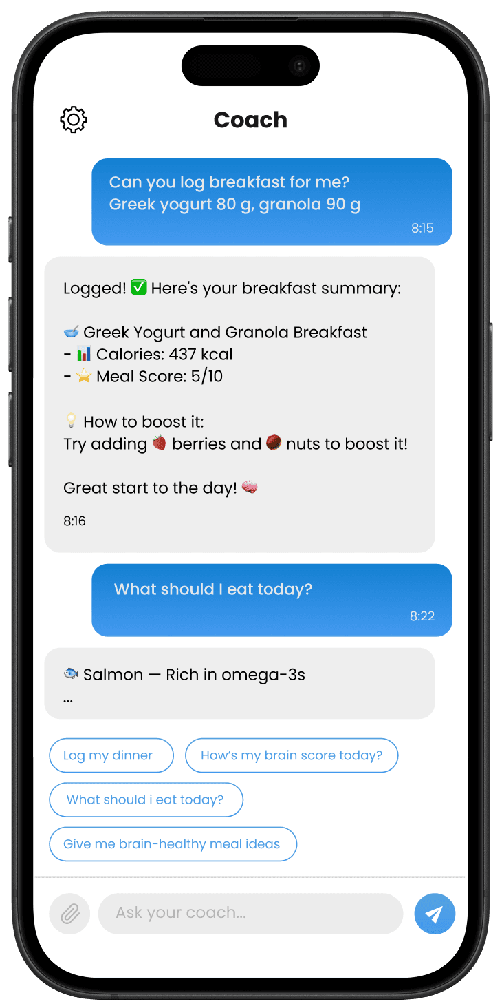 Helibrain AI coach chat logging a breakfast and suggesting brain-healthy foods, with one-tap reply suggestions